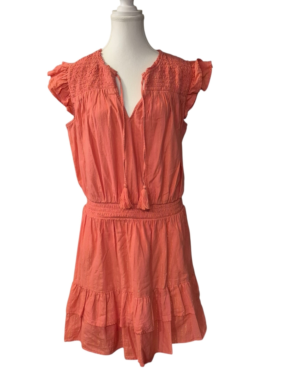 crown & ivy Coral Ruffle Sleeve Smocked Waist Dress